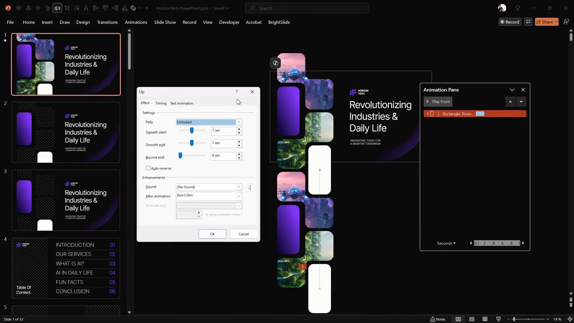 Animation pane settings for motion path