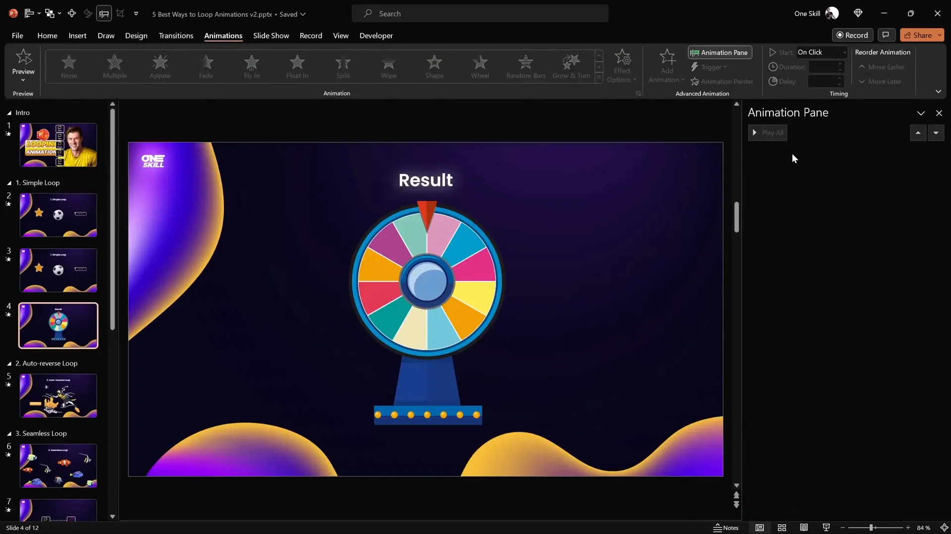 Wheel of fortune spin animation setup in PowerPoint