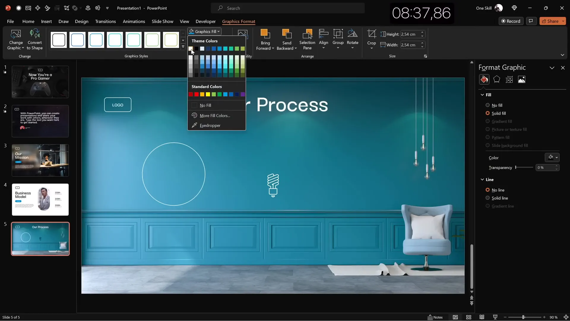 Infographic process slide with circles and light bulb icons
