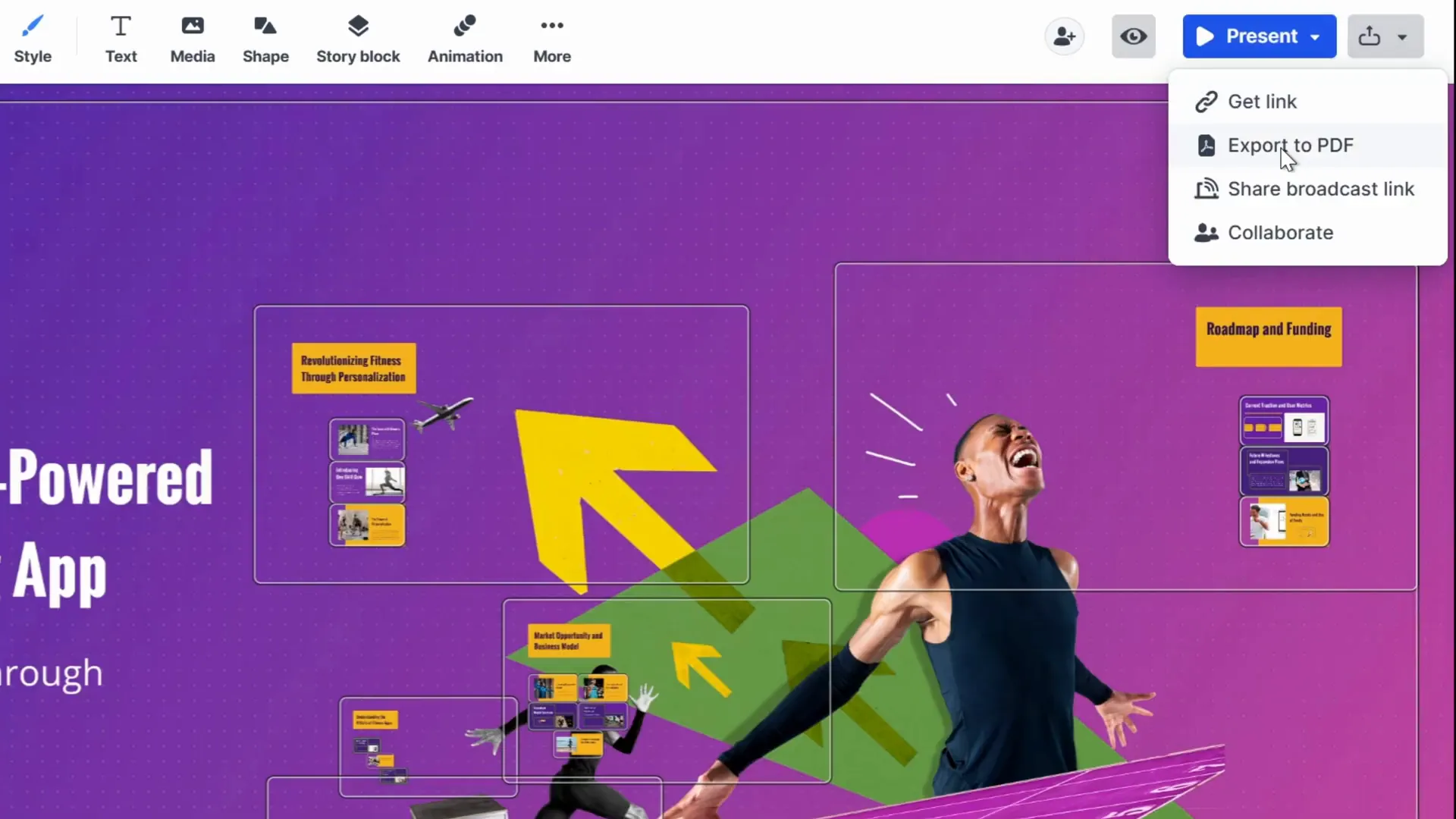 Prezi AI sharing options including present, shareable link, and export