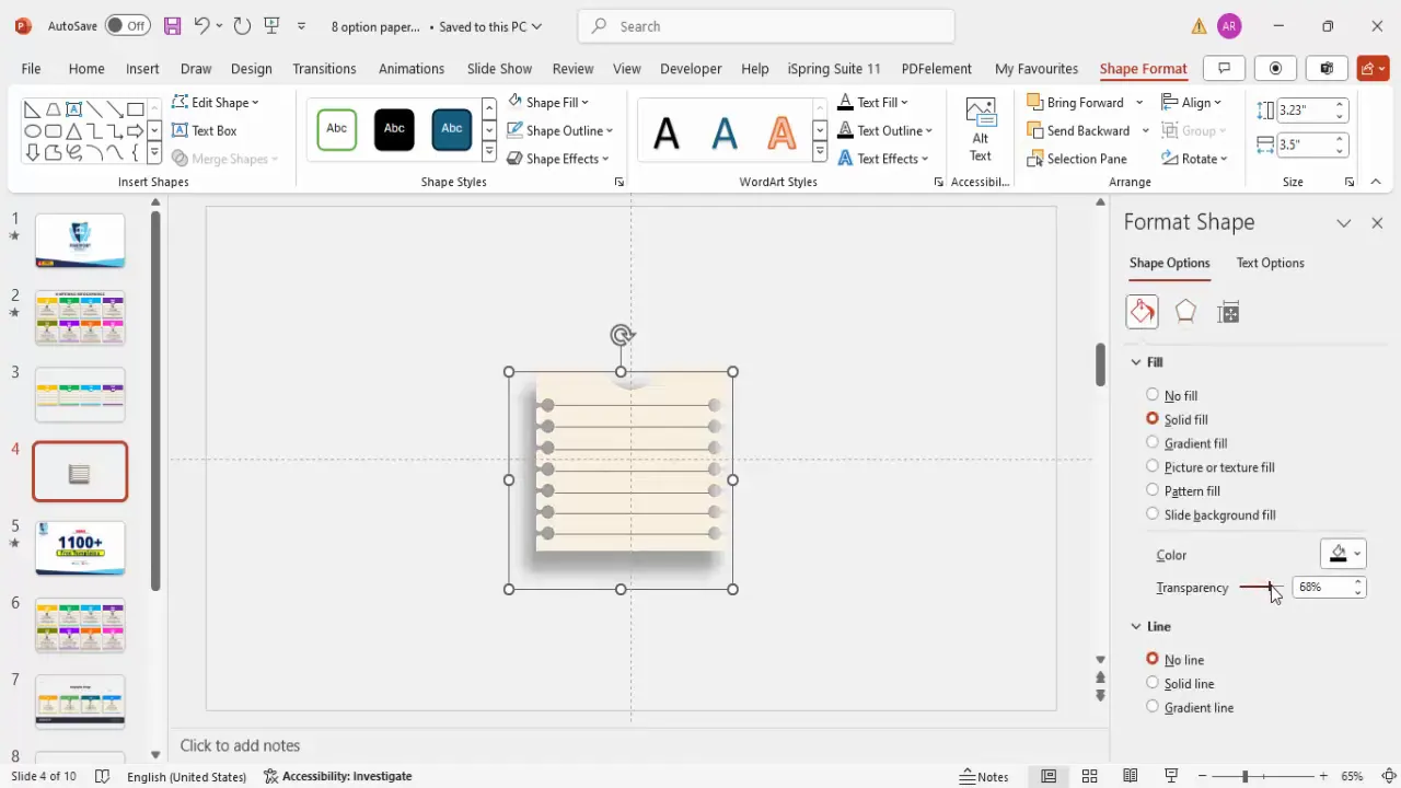 PowerPoint paper shape with shadow effect and connecting lines