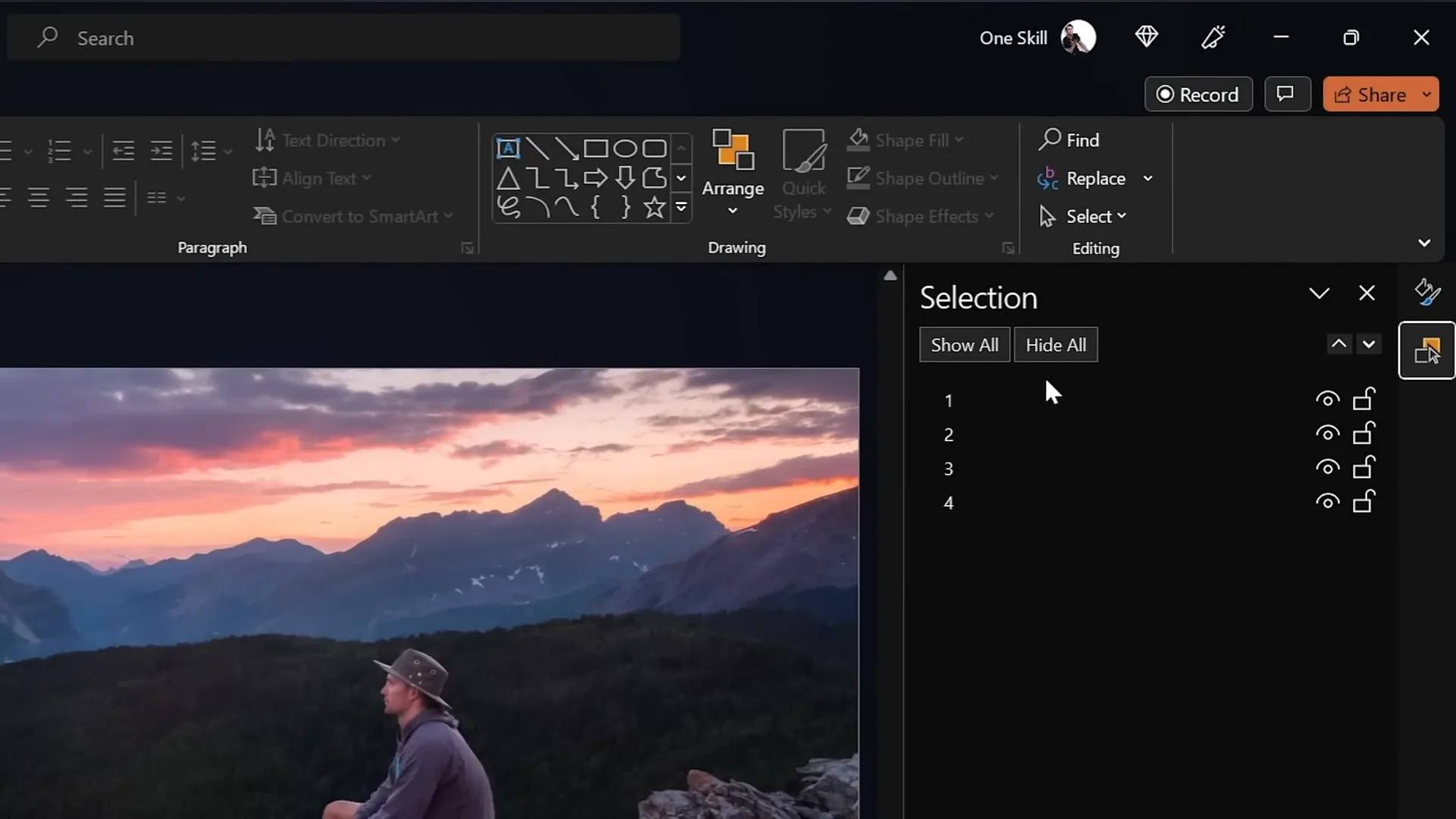 PowerPoint selection pane showing four separated layers: hiker, forest with lake, mountains, sky