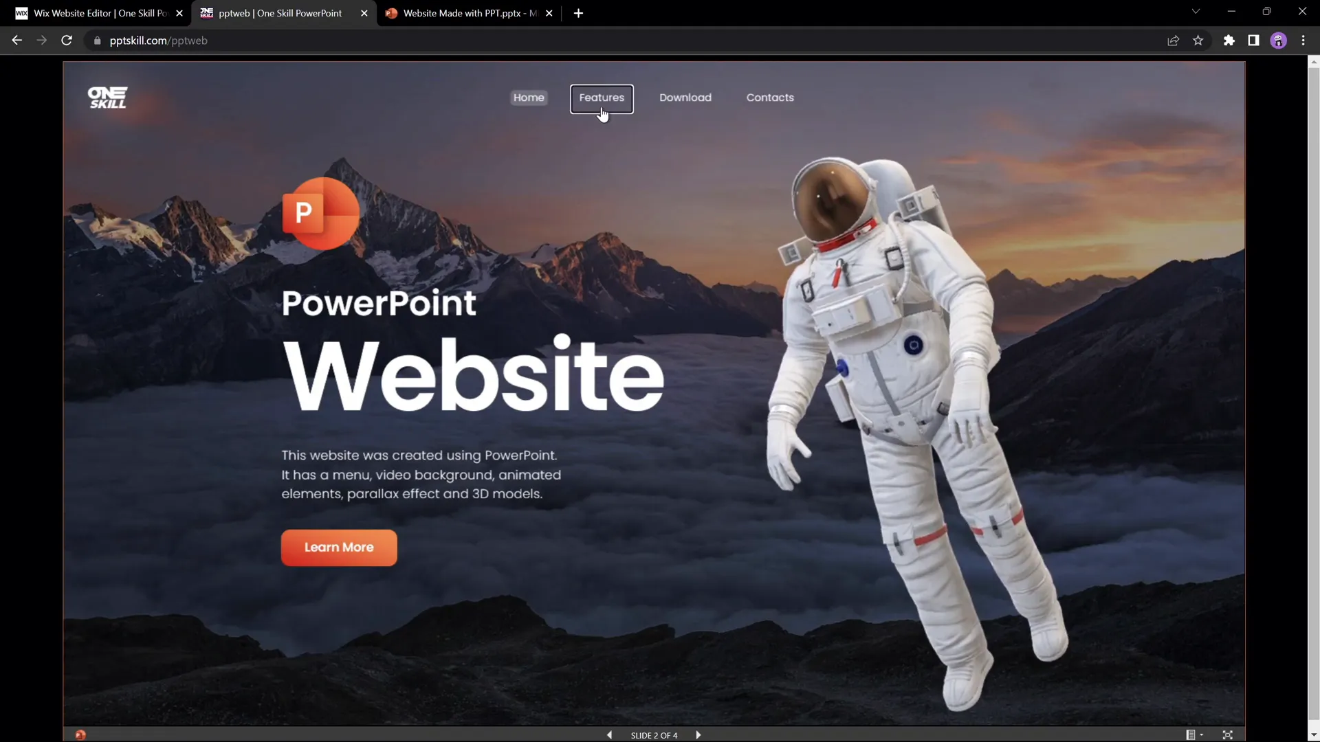 PowerPoint website with working menu buttons and parallax animation