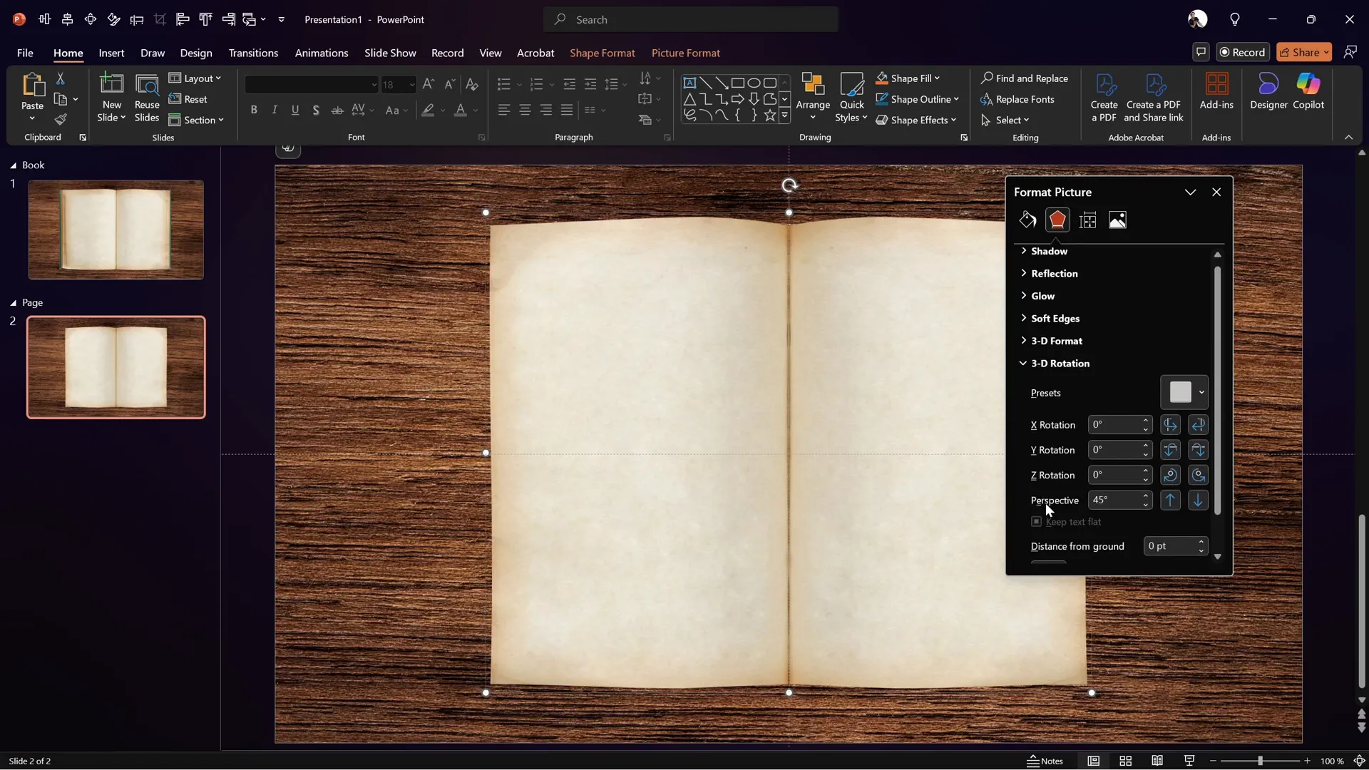 Applying 3D perspective rotation to pages