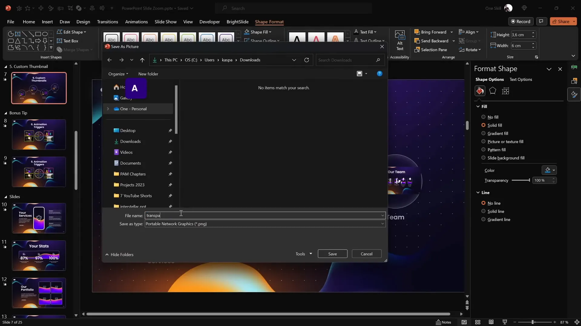 Creating and using transparent thumbnail for slide zoom