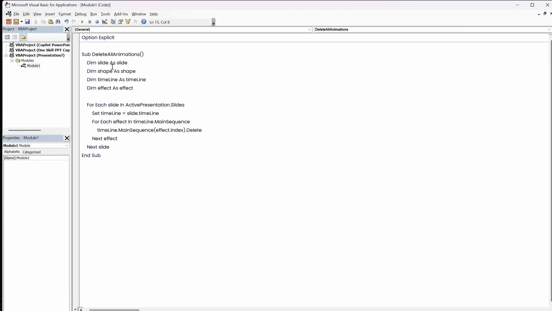 VBA code editor with animation cleanup macro