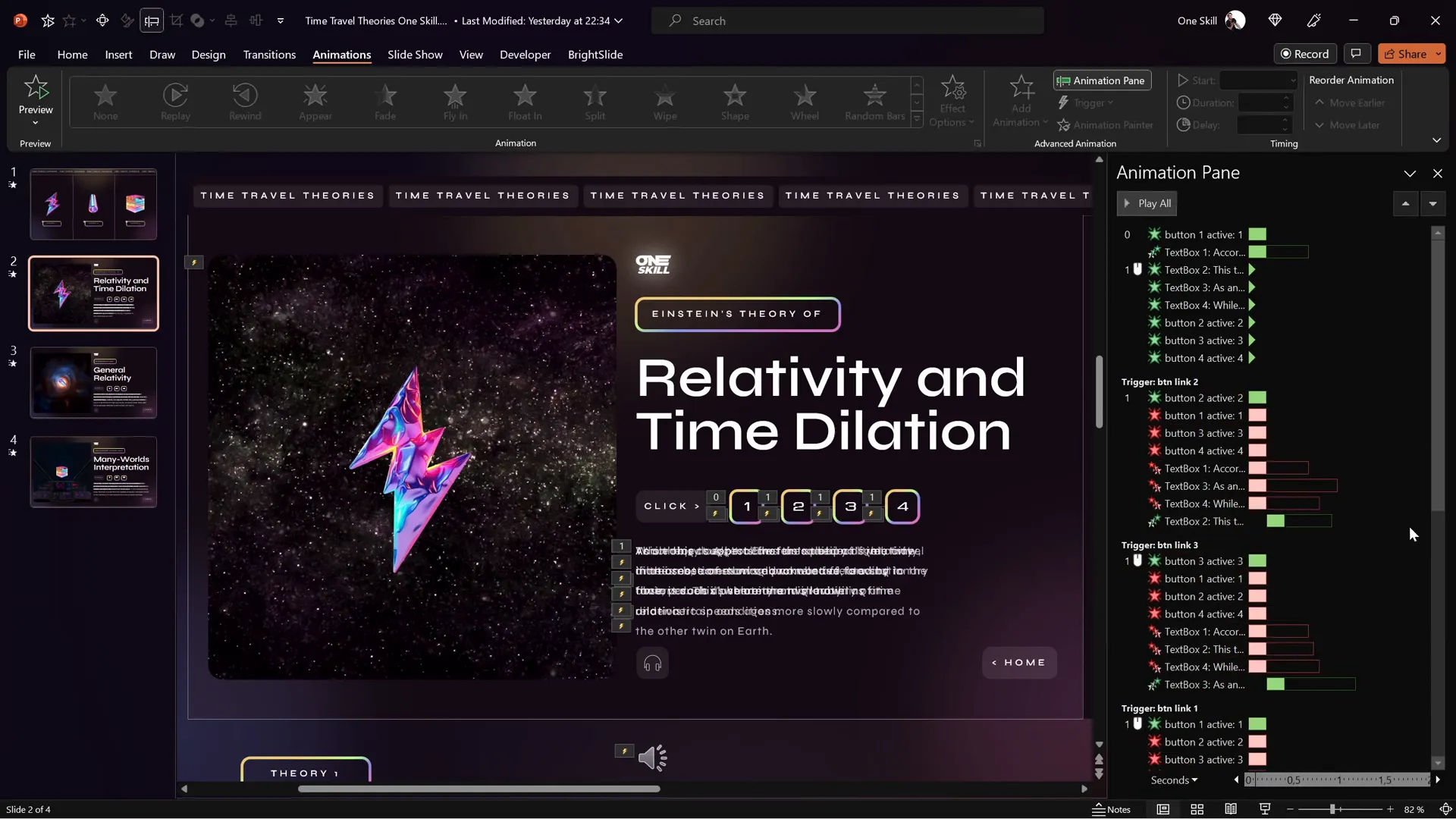 Animation pane showing entrance and exit animations with triggers