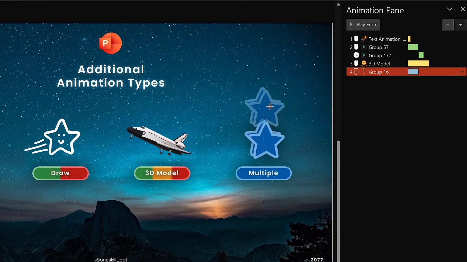 Group of blue stars animated with motion path and spin
