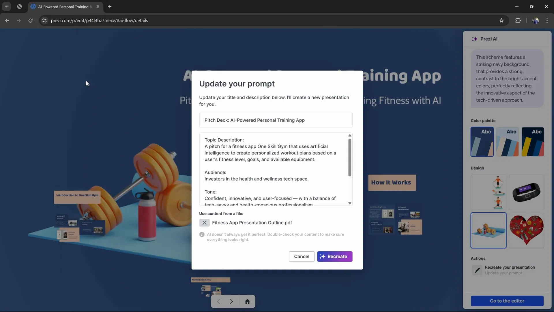 Uploading a PDF outline to Prezi AI for detailed presentation structure