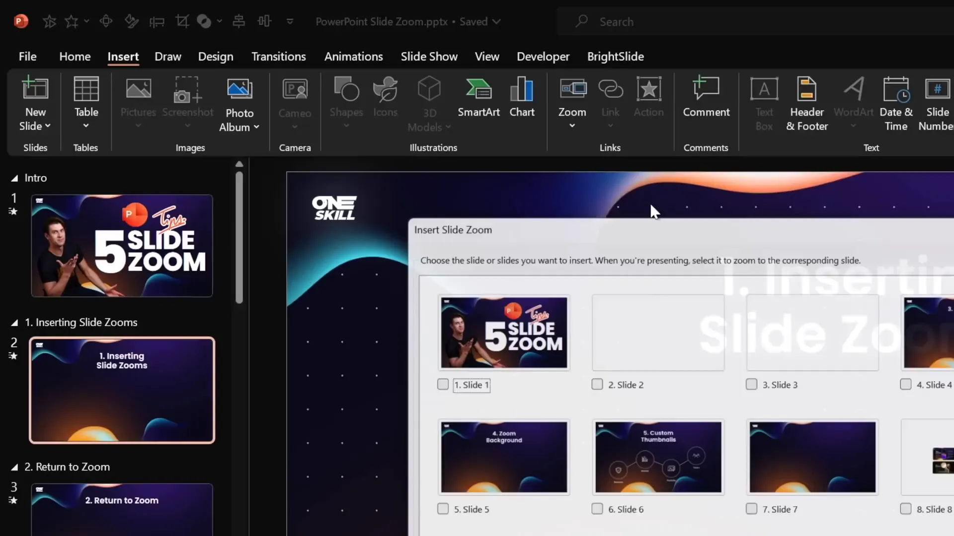 Insert tab showing Zoom options including Slide Zoom