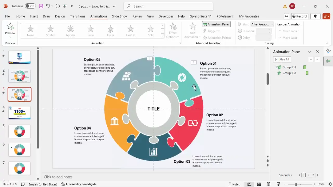 Applying wipe and zoom animations to infographic slide elements