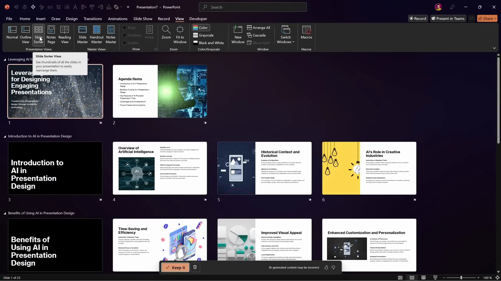 Slide sorter view of generated presentation