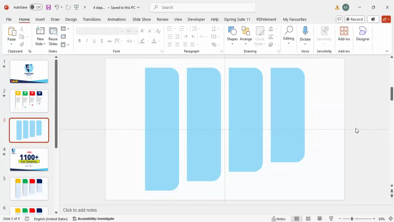 Four rounded rectangle shapes aligned and spaced evenly across slide