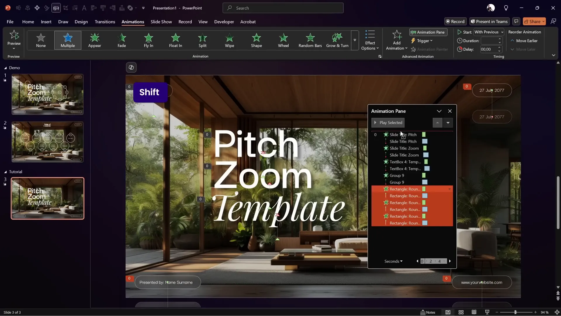 Title and rounded rectangle animations in animation pane