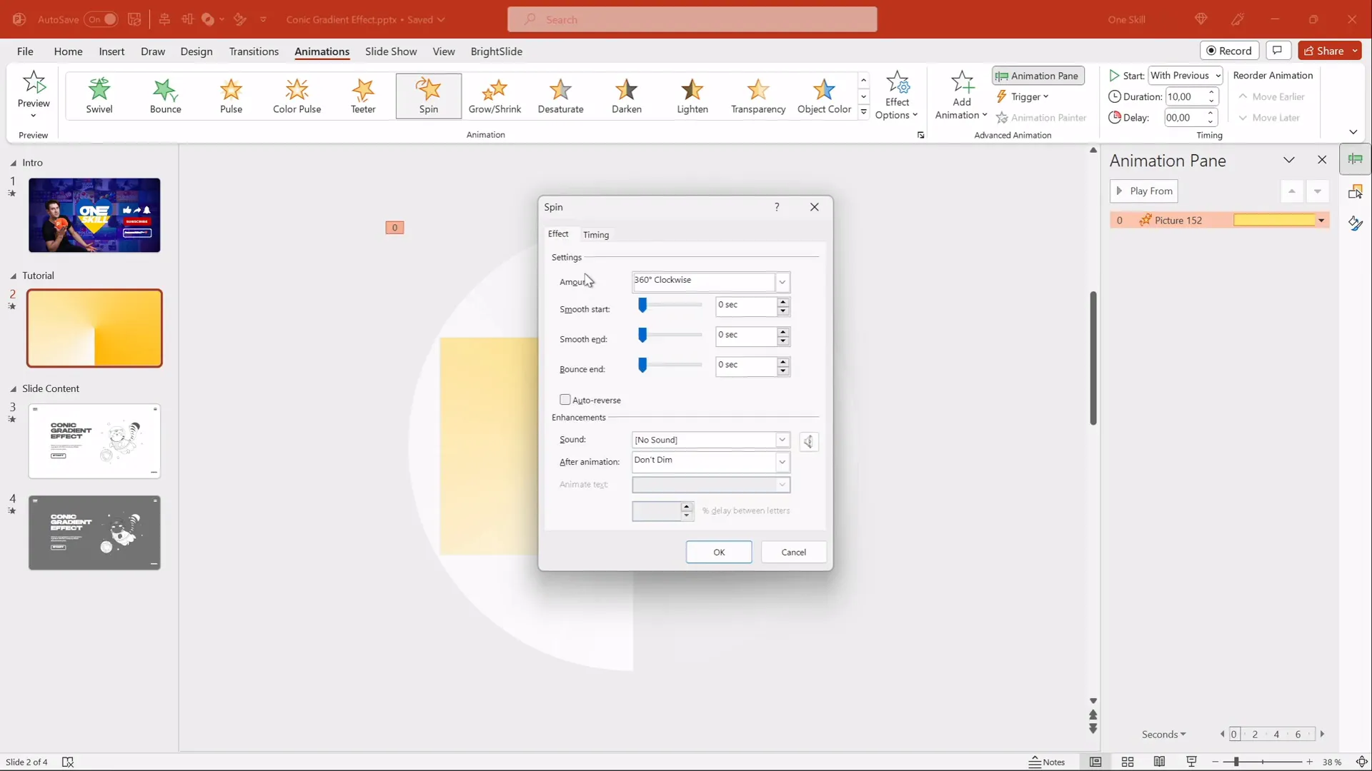 Spin animation settings applied to gradient image in PowerPoint