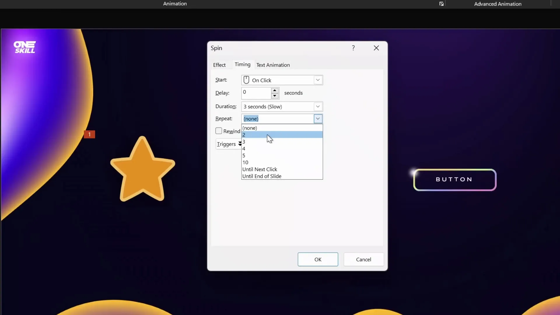 Setting spin animation repeat options in PowerPoint
