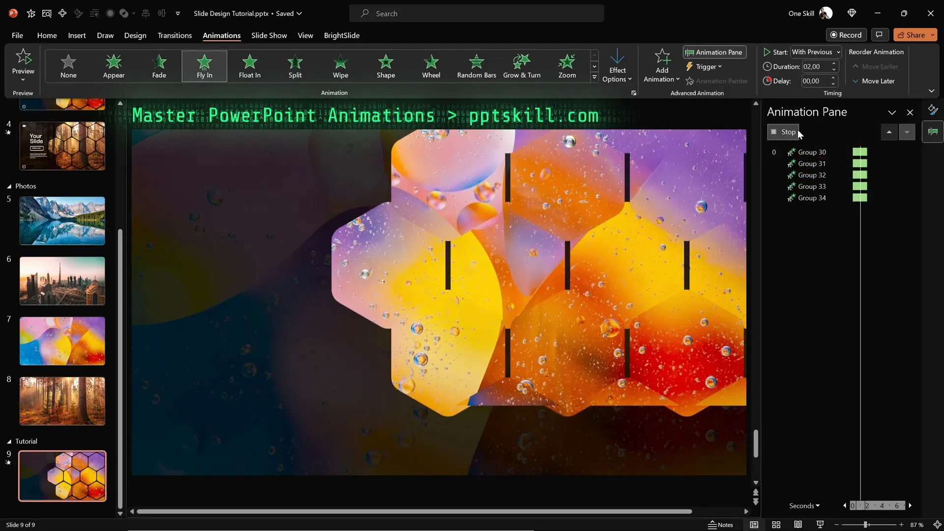 Applying flying animations to hexagon groups in PowerPoint