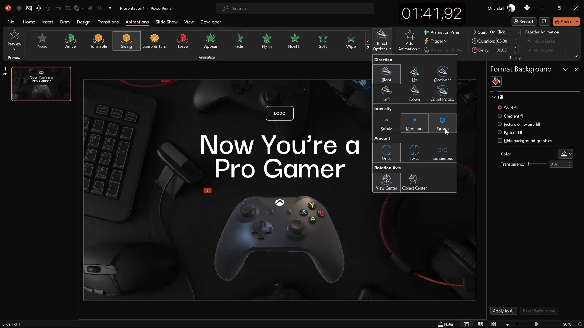 Gamer-themed PowerPoint slide with dark background, large white title, and 3D controller animation