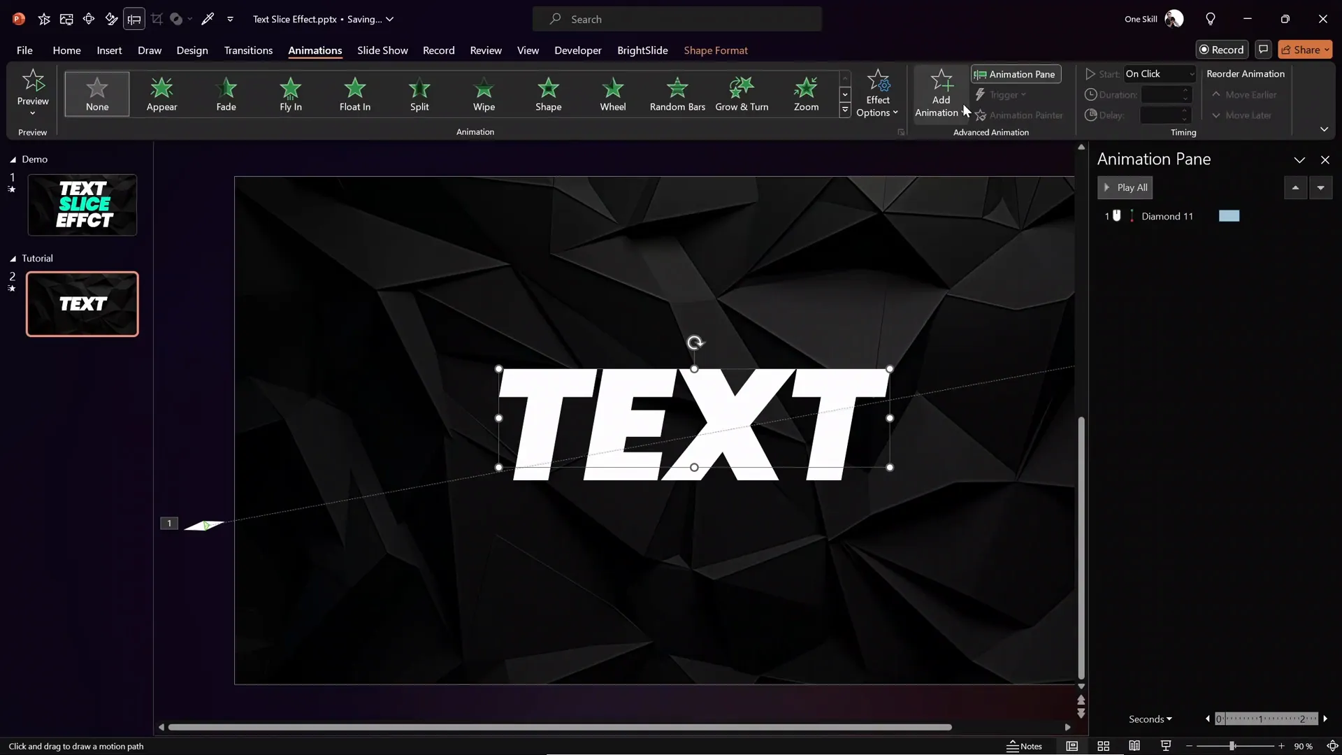 Motion path animation settings for diamond shape with smooth start and end