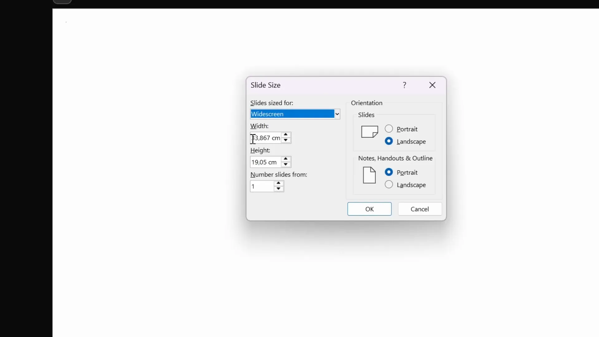 PowerPoint slide size options showing widescreen and standard aspect ratios