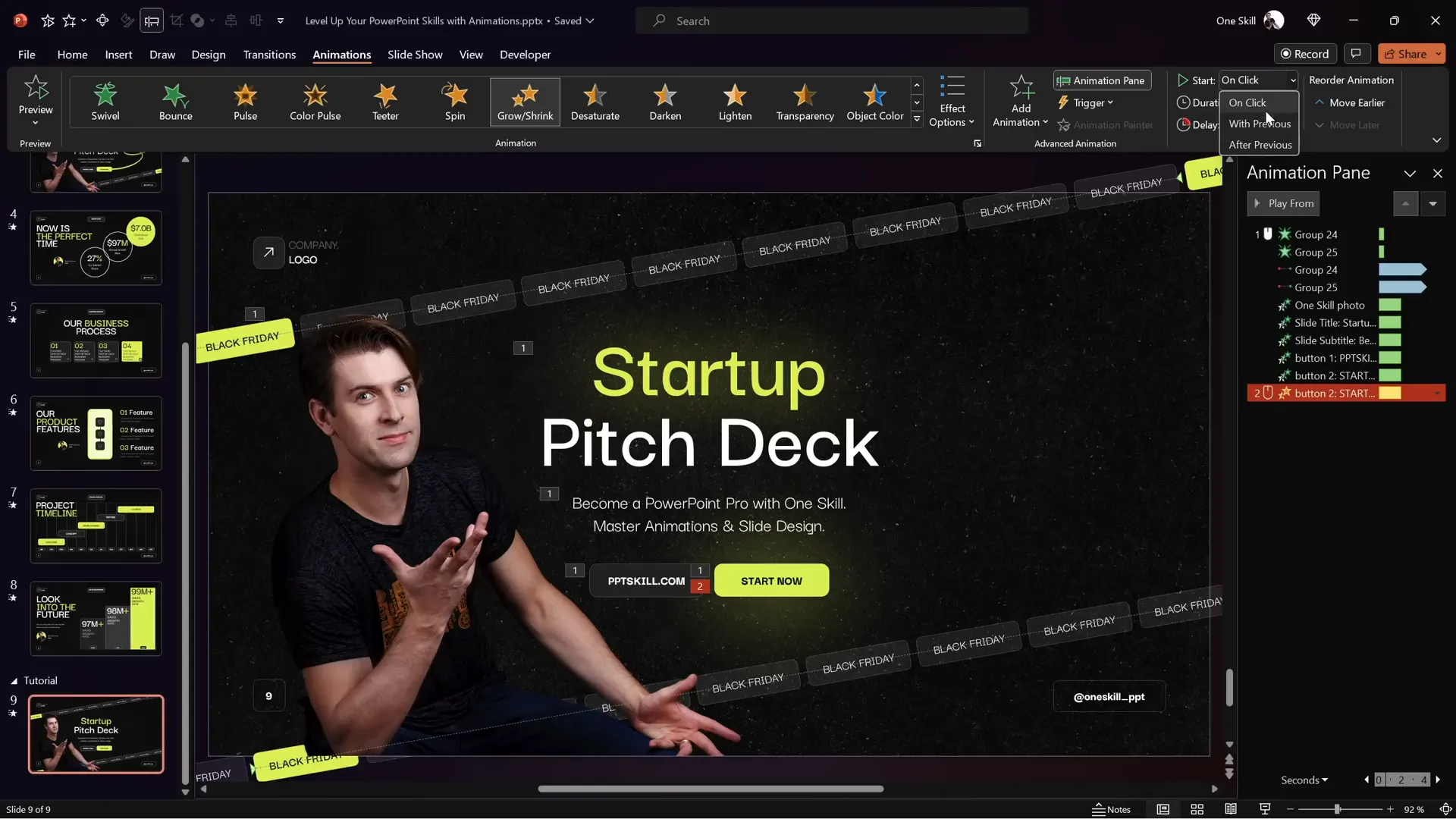 Pulsing start now button with grow/shrink animation