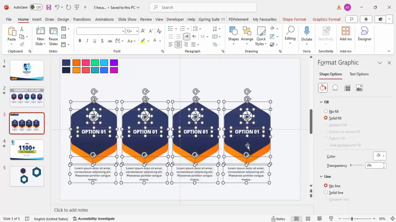 Multiple hexagon options with varied colors and icons aligned on slide