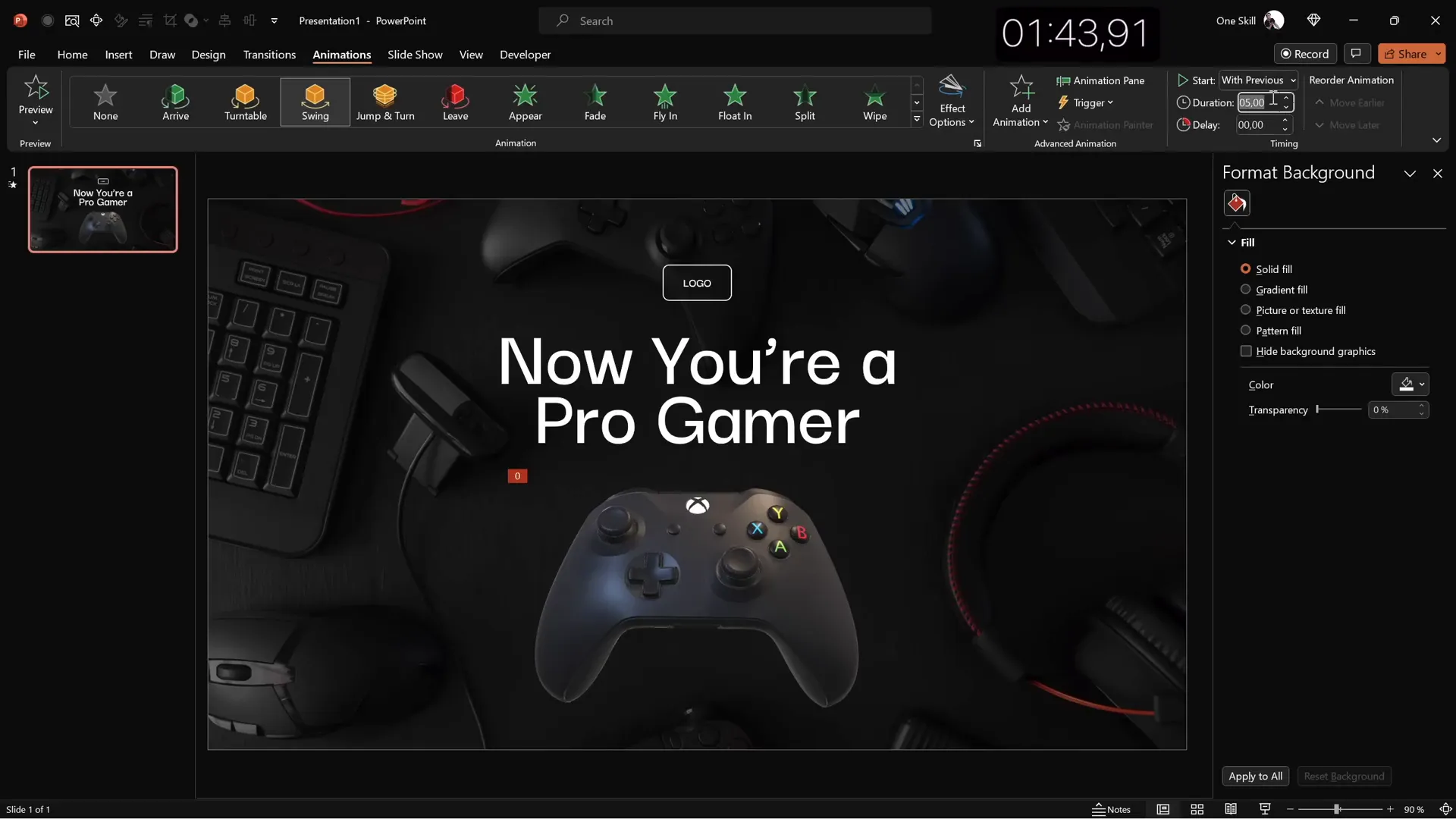 Gamer themed slide with dark background, large title, simple logo, and animated 3D controller