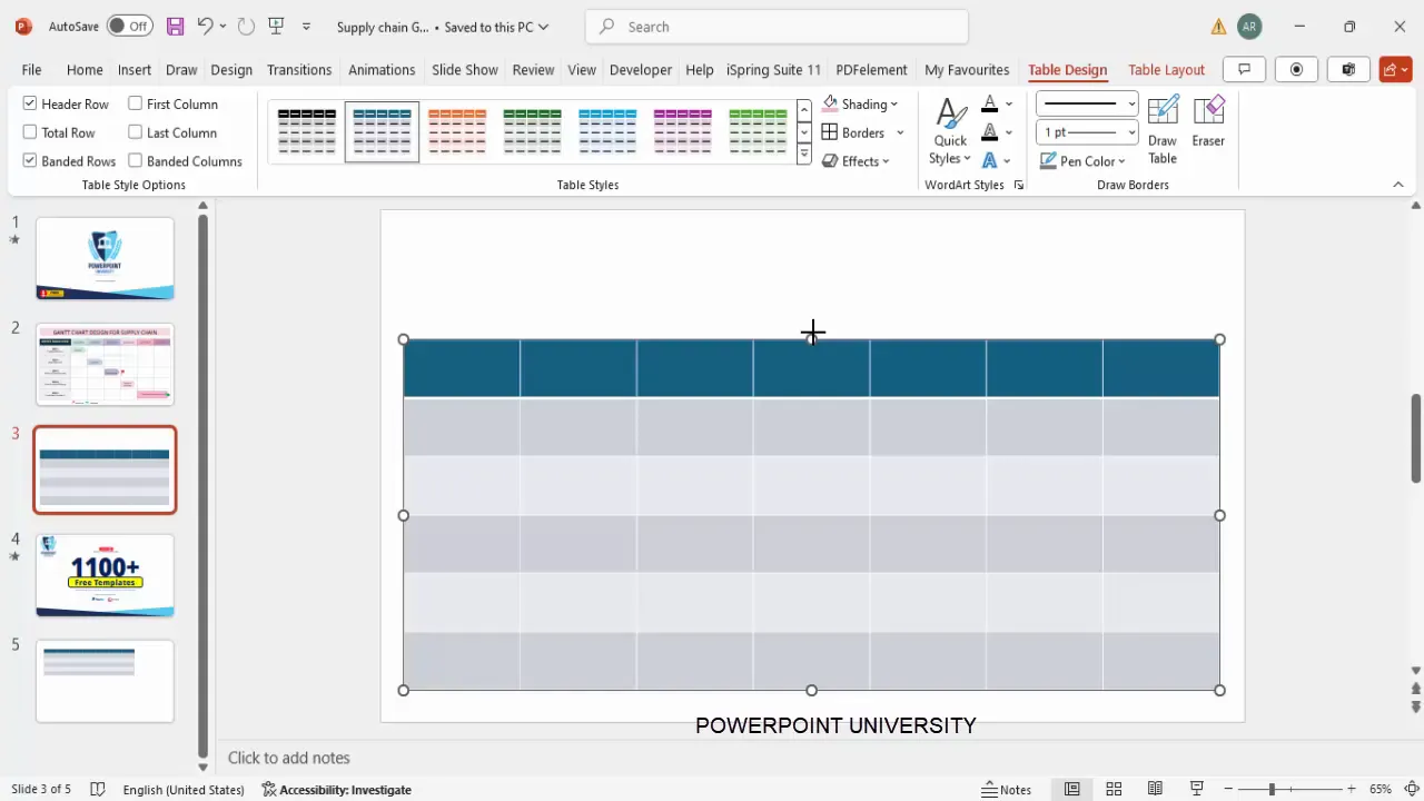 Inserting and positioning a 7x6 table in PowerPoint