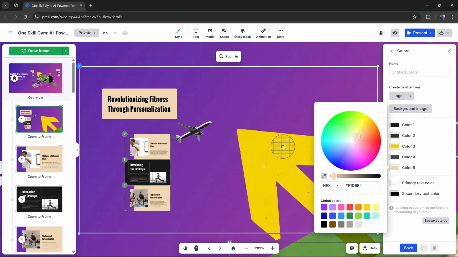 Changing fonts and backgrounds in Prezi AI style menu