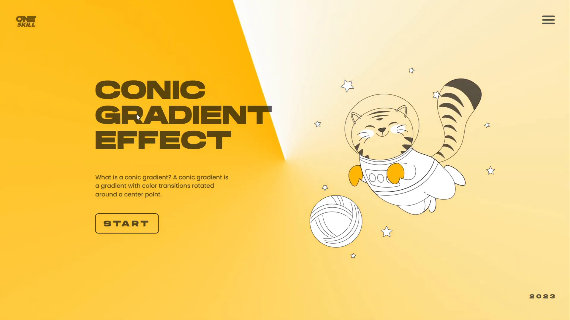 Slide with conic gradient background, text boxes, and animated flying cat illustration