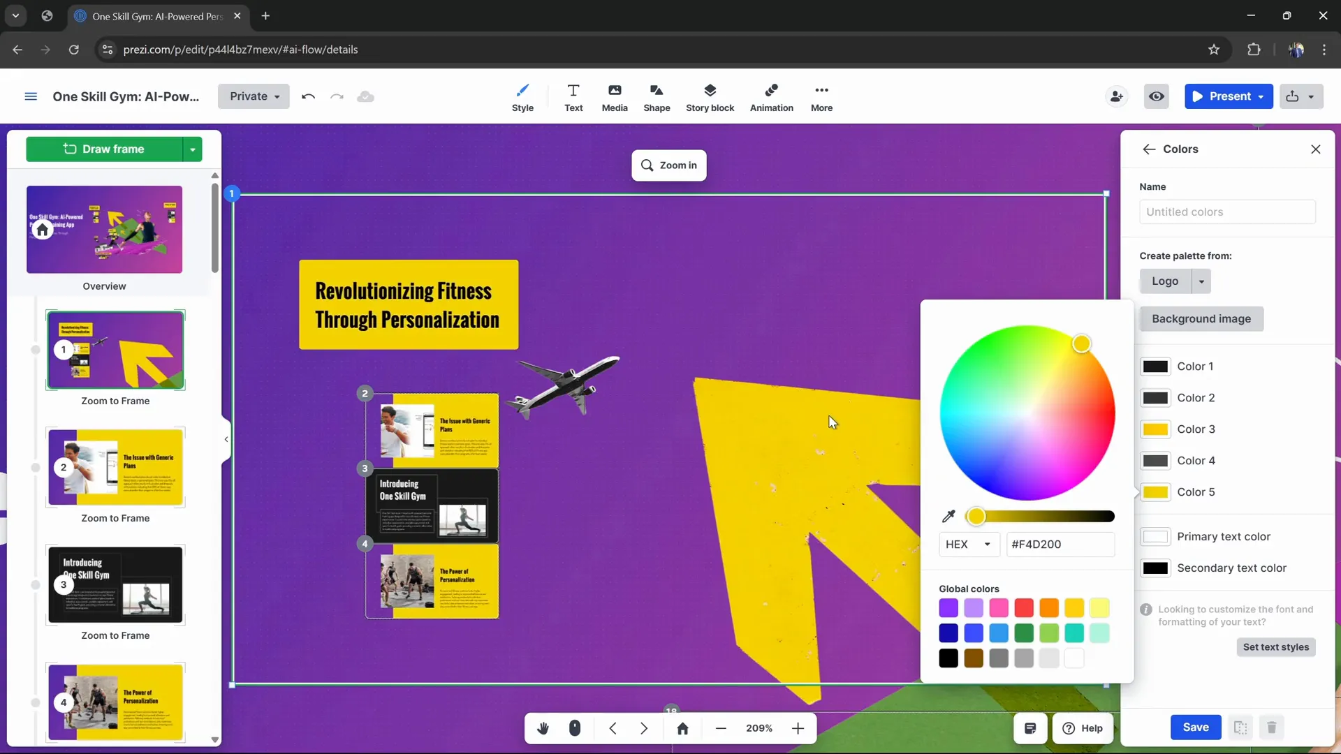 Editing color palette and fonts in Prezi AI
