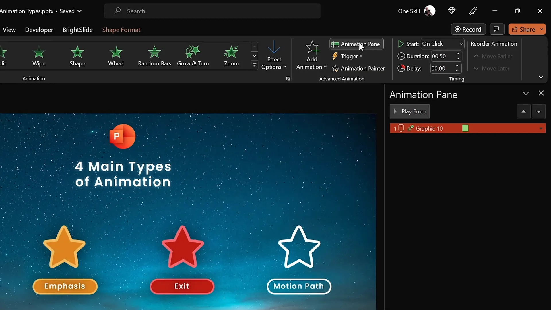 Animation Pane showing animations and start options for objects on slide