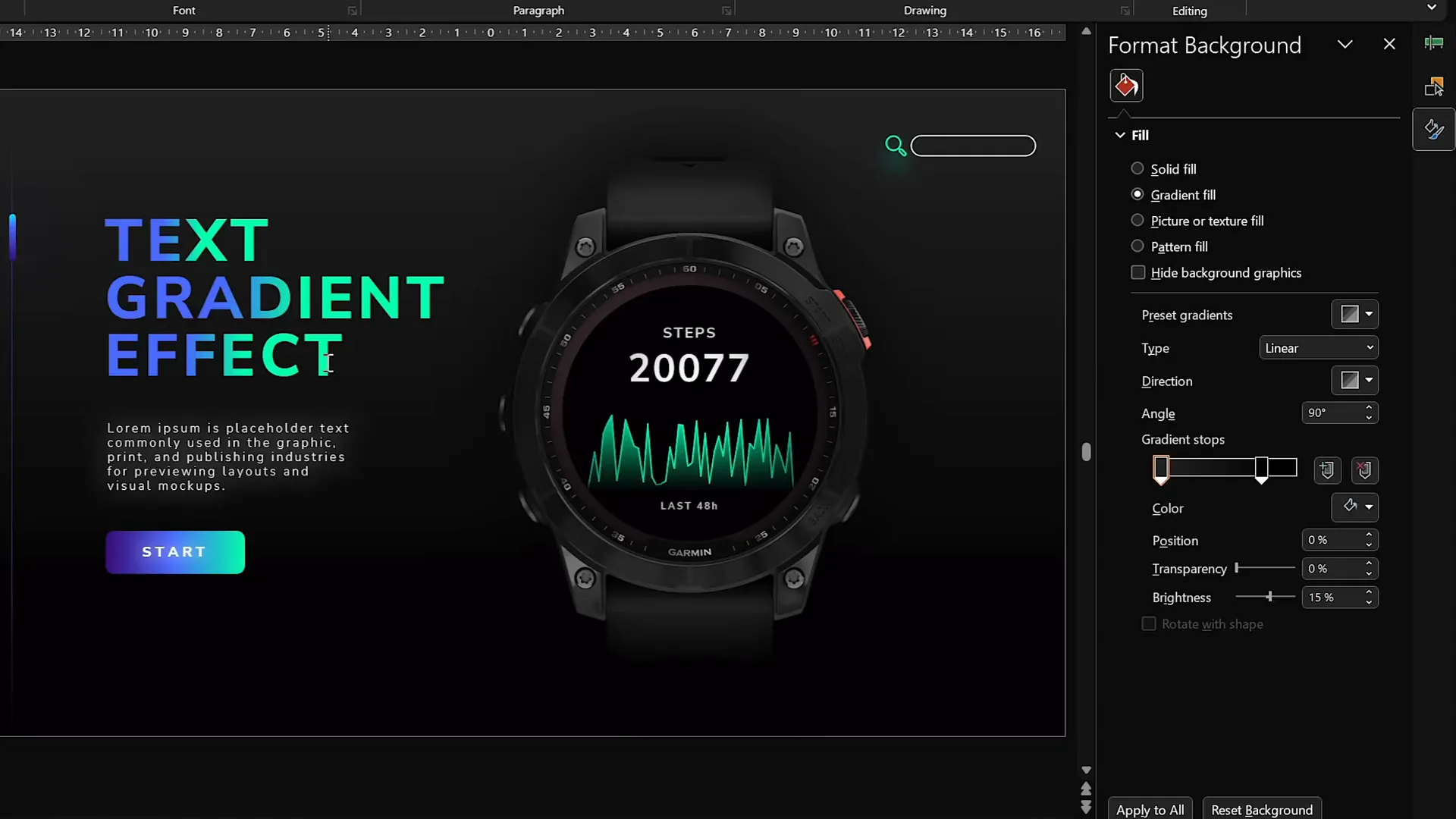 Gradient fill applied to slide title text