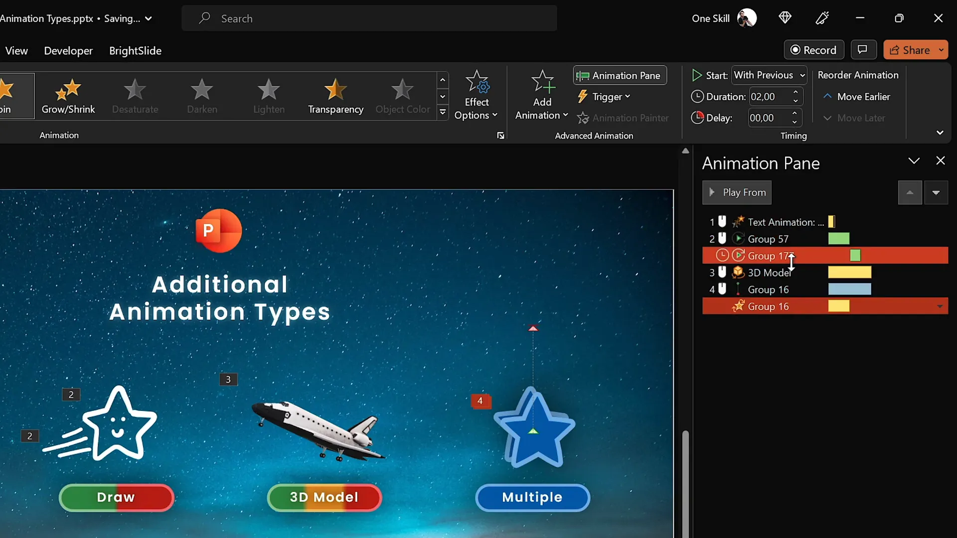 Multiple animations applied to a group of stars in PowerPoint
