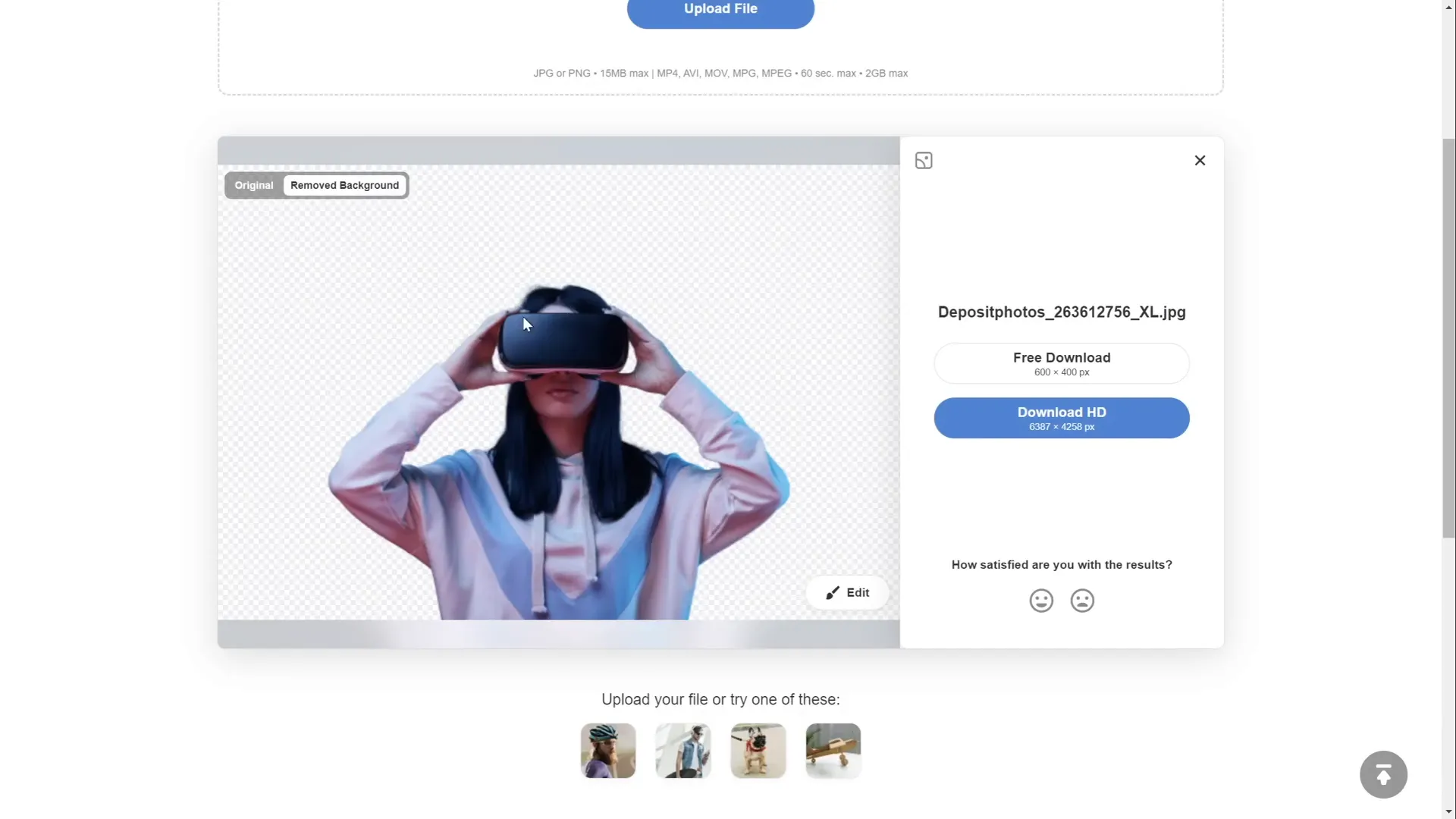 Background removal tool showing original and cut-out photo