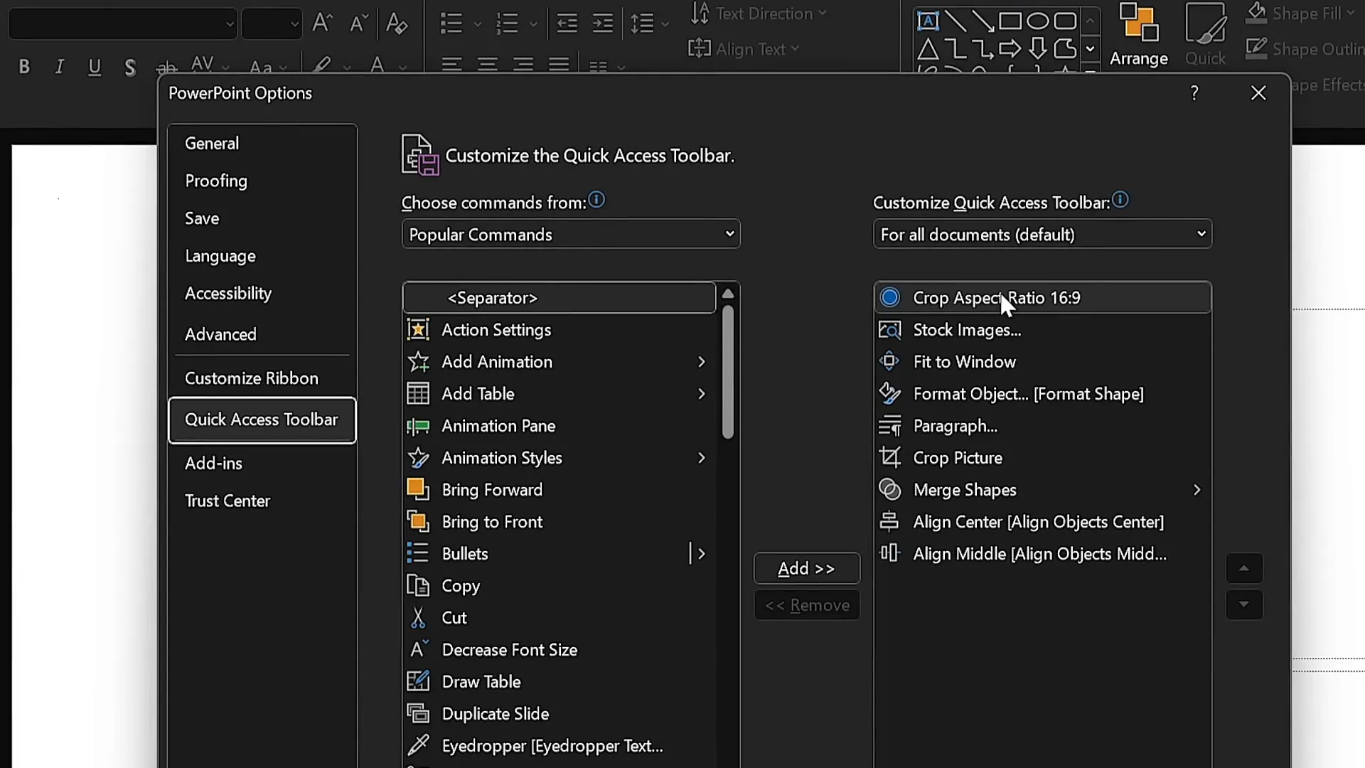 Custom Quick Access Toolbar with commands and shortcuts