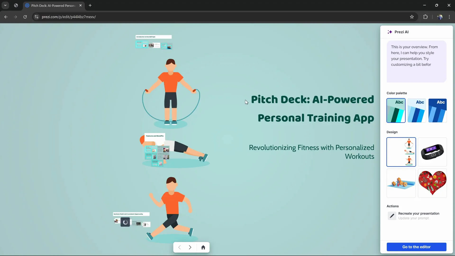 Prezi AI generating a presentation with illustration and outline visible