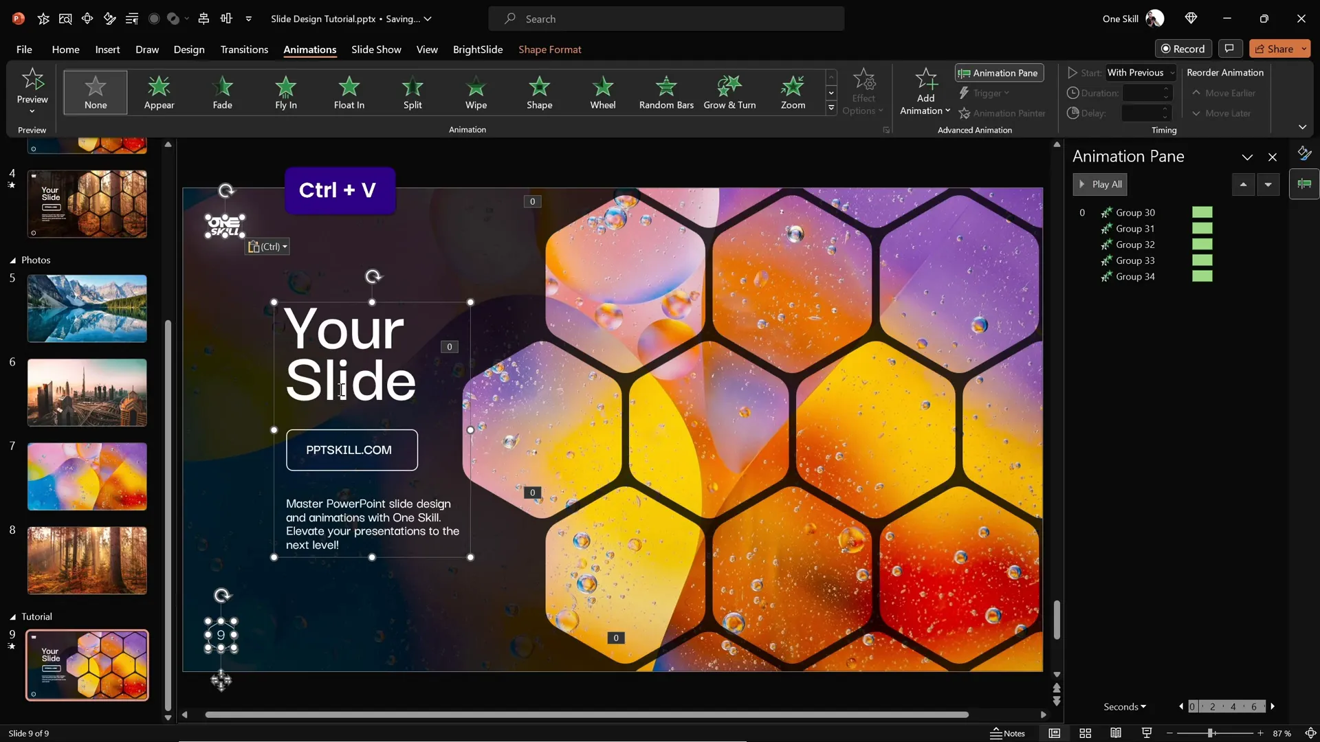 Adding and animating text boxes and logo on the slide
