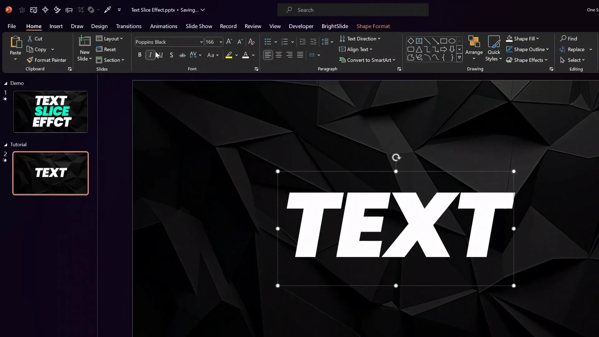 Text box centered on slide with font settings shown