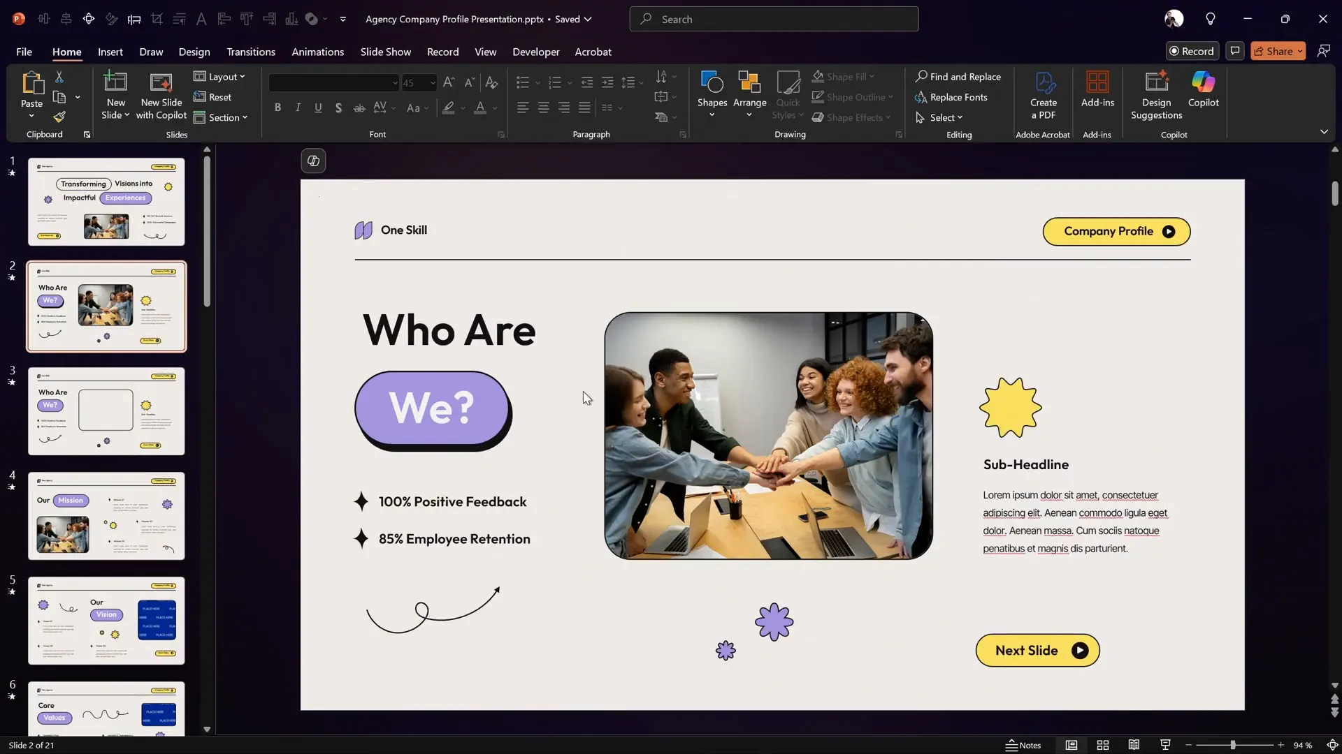 PowerPoint slide with rounded rectangle button, image placeholder, and star shapes