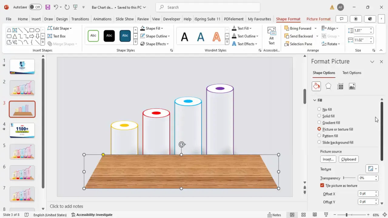 3D trapezoid base table with texture fill under bars