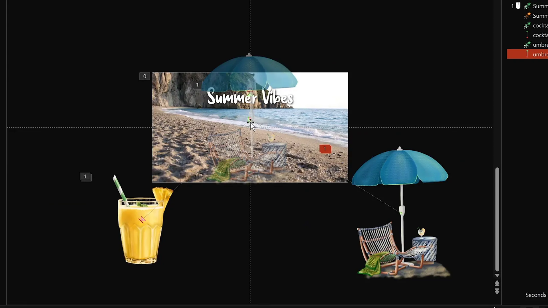 Multiple summer illustrations animated with staggered looping motion paths