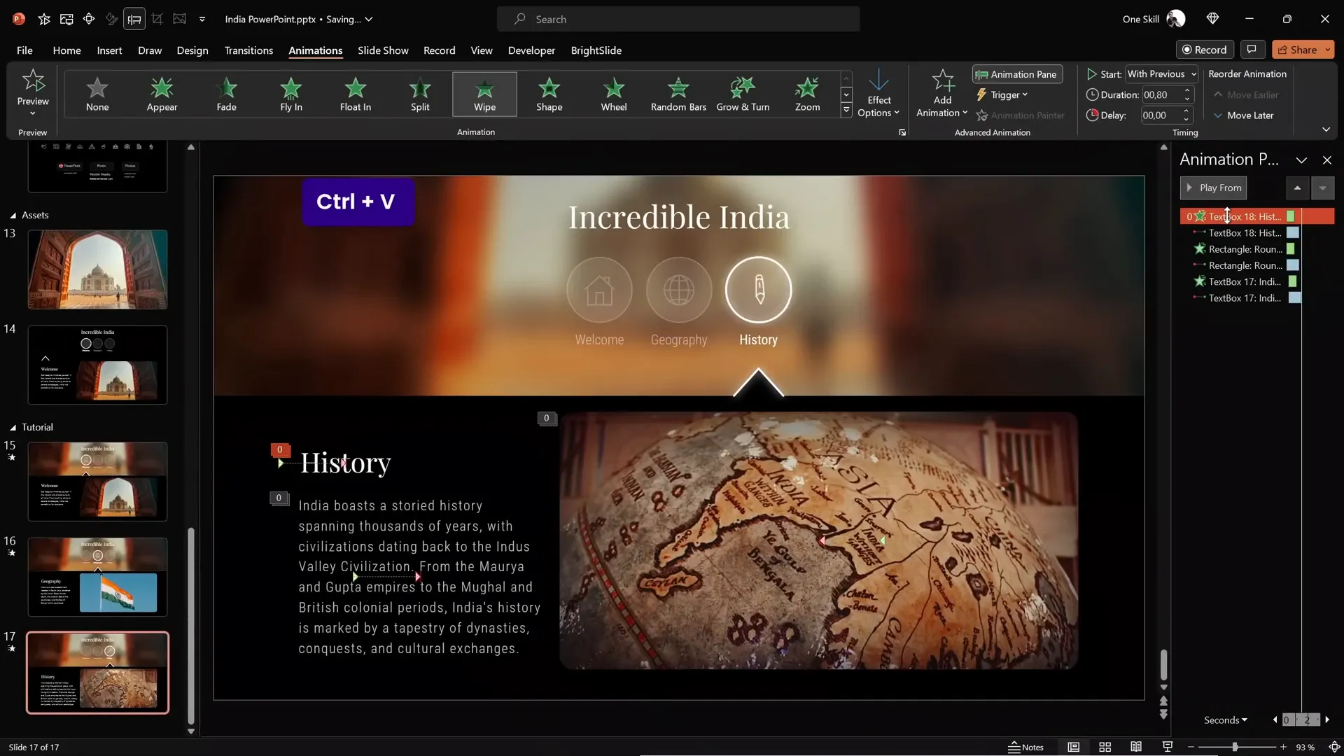 Adding text and images with wipe animations to slides