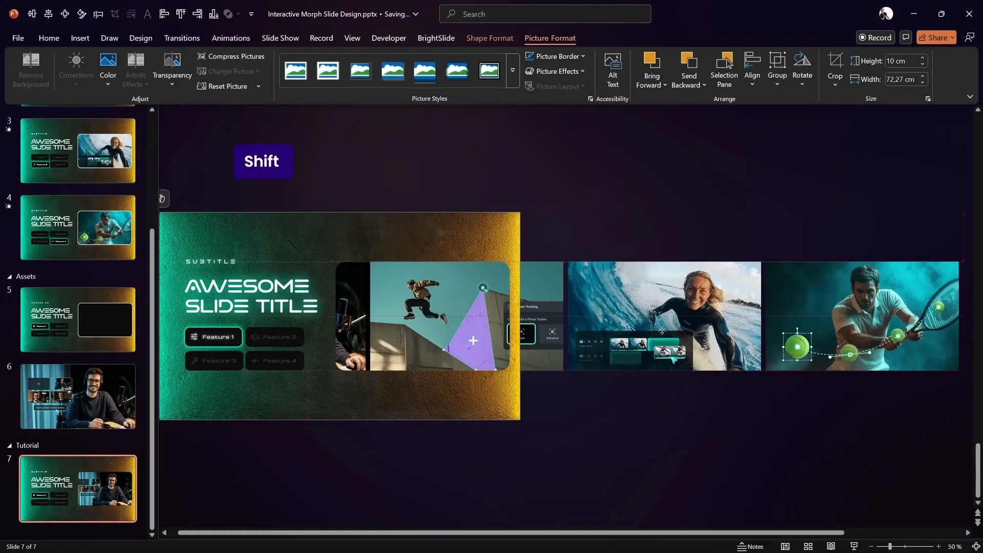 Grouped photos arranged for horizontal scrolling behind mask