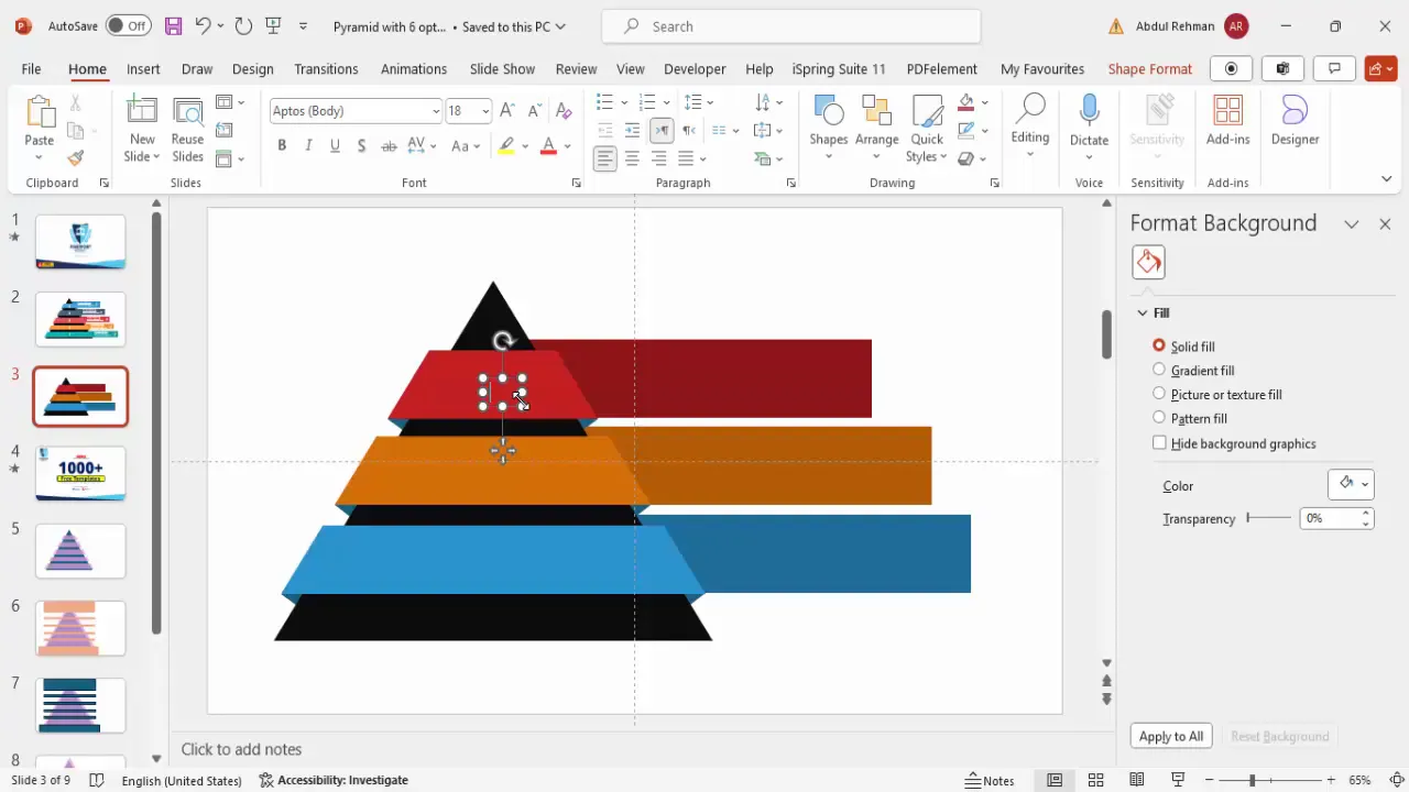 Adding and formatting text and icons for pyramid options