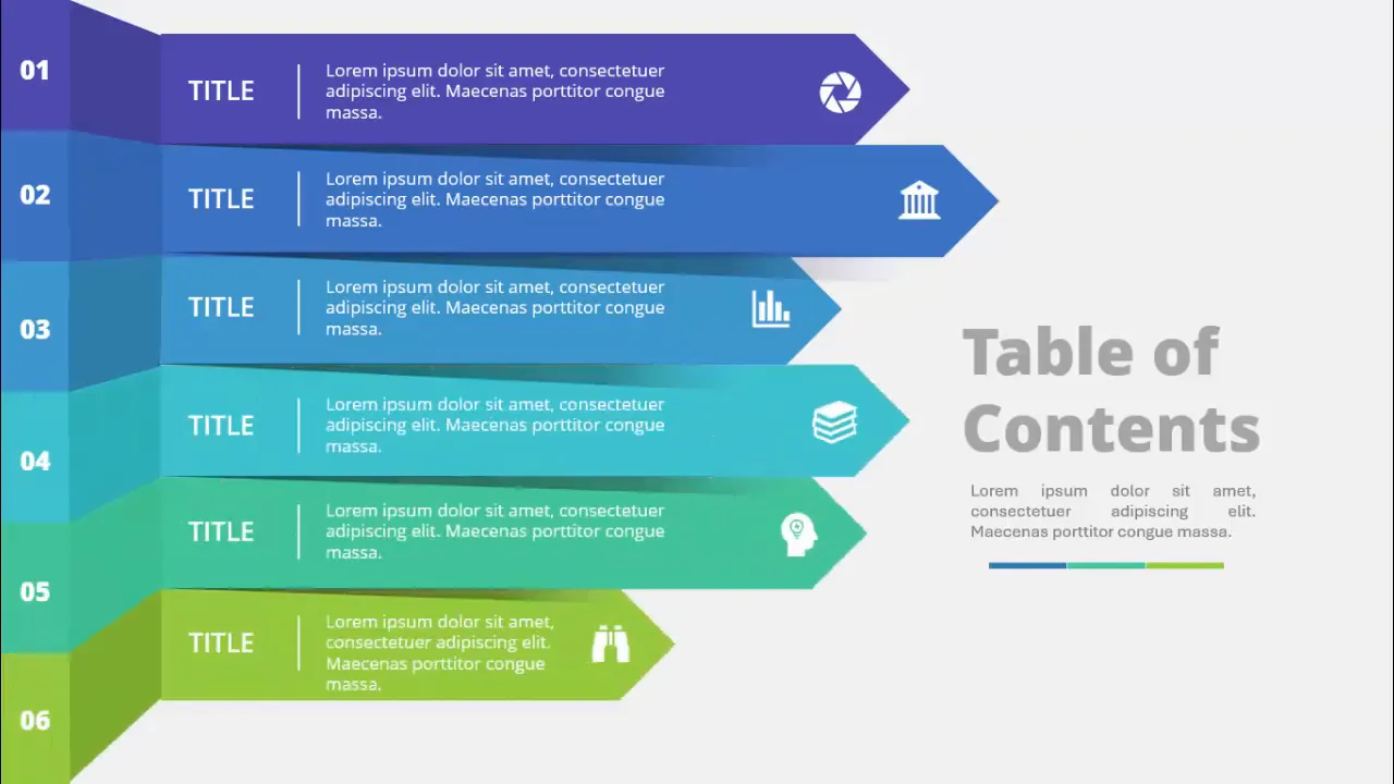 Example of interactive table of contents slide with clickable page numbers and color changes