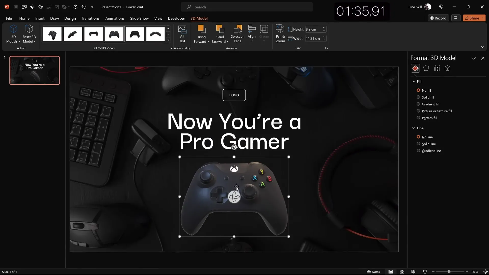 Gamer-themed slide with dark controller 3D model and animated title