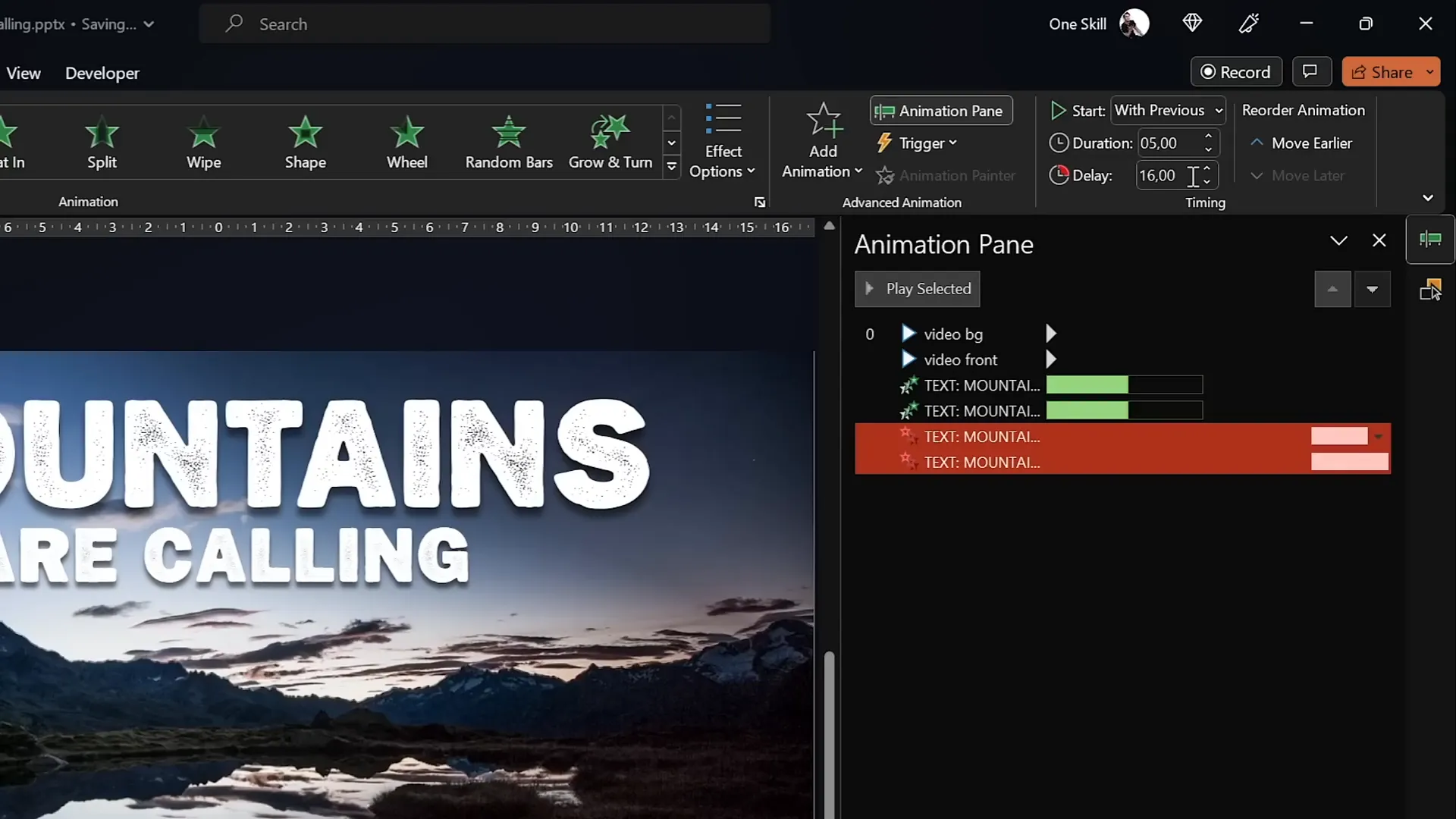 Animation pane showing entrance and exit animations for text