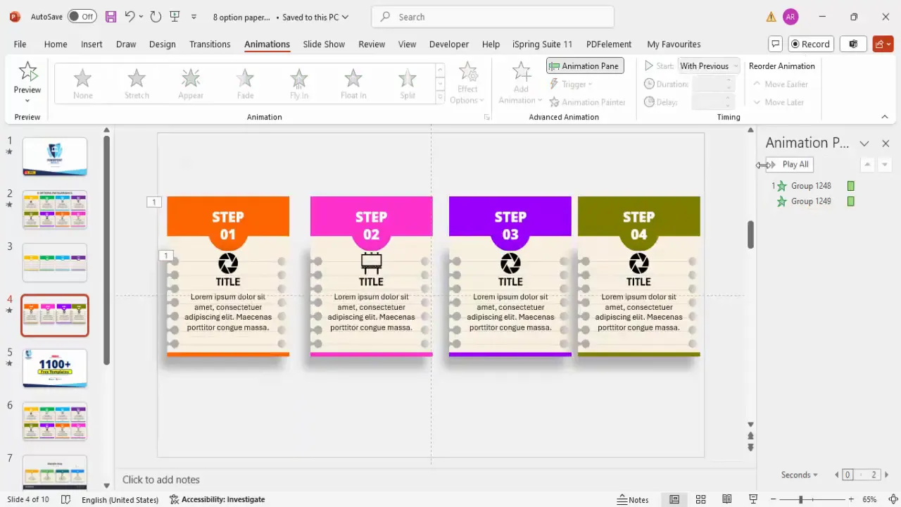 Animation pane in PowerPoint with stretch animations applied to steps