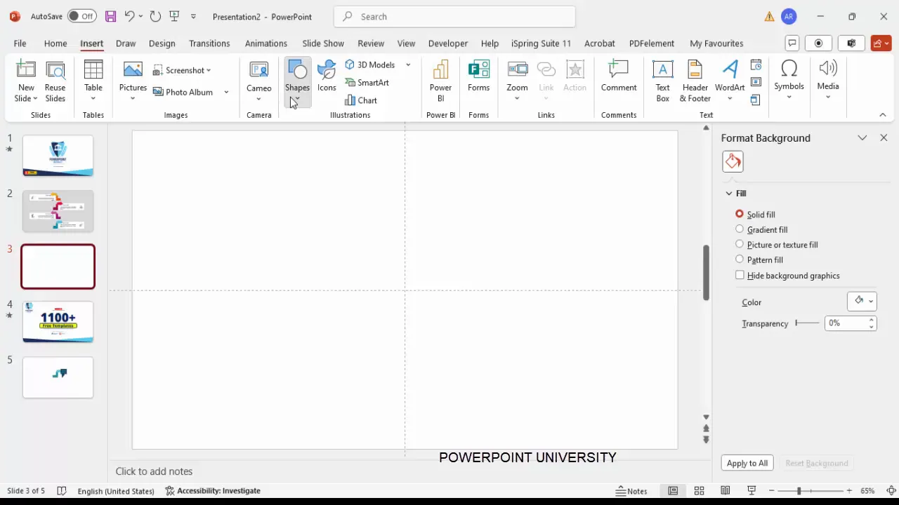 PowerPoint interface showing new slide with guides enabled